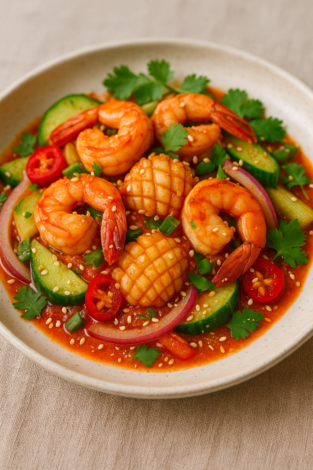 Simple Seafood Salad with Kimchi Chilli Sauce